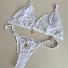 Sexy Backless Set With Pendant Detail And Thong - White - View 5