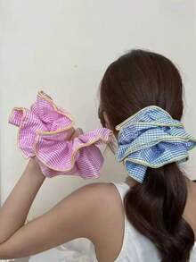 1 pieza/4 piezas Scrunchie grande a cuadros negros/rosas/melocotón/azules con volantes de 20 cm/7.87 pulgadas, accesorio de pelo versátil, elegante, lindo estilo princesa, vintage, casual, minimalista, romántico, adecuado para uso diario, maquillaje, viajes, escuela, fiesta, regalo