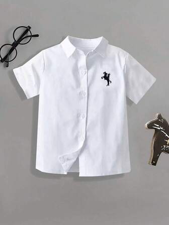 男童纯色休闲骑士刺绣纽扣短袖衬衫、时尚外套、派对、校服