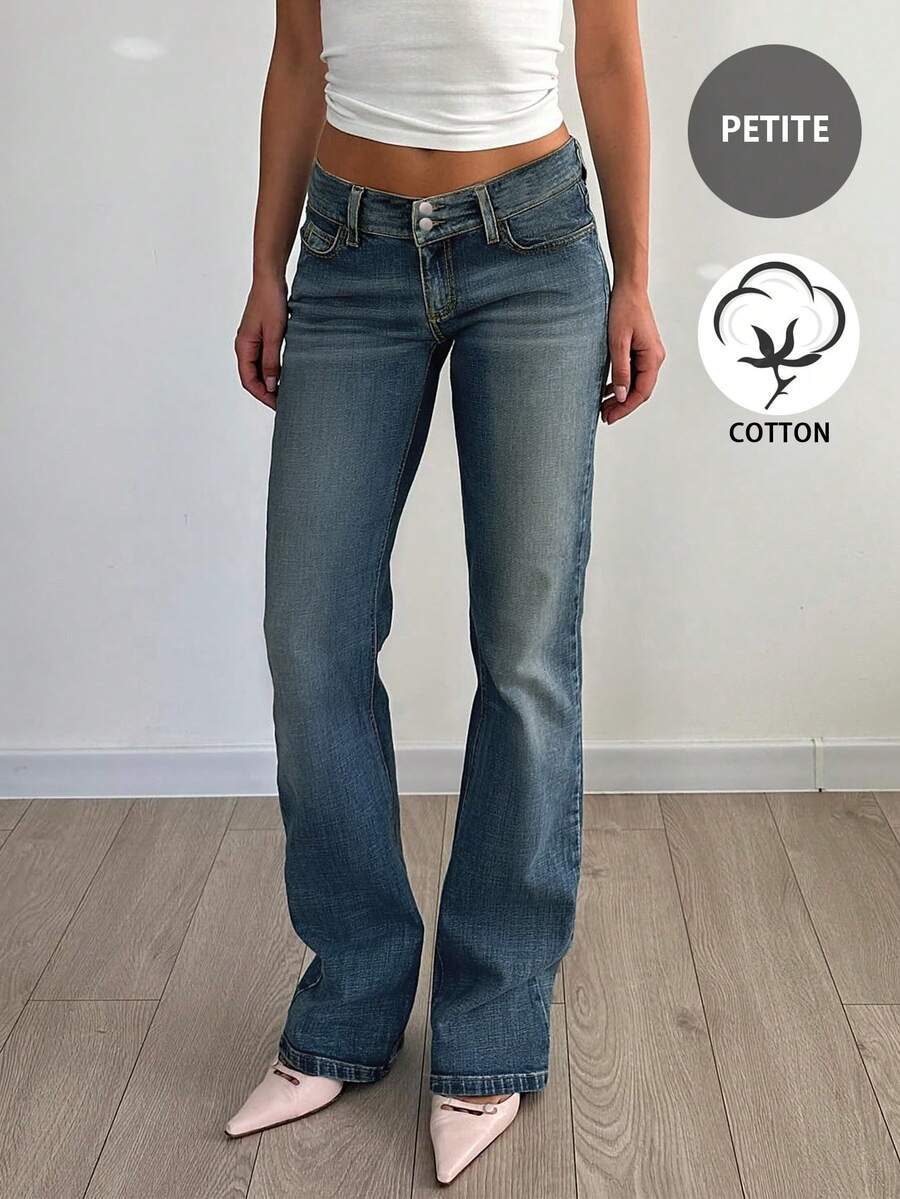 Y2K风格高腰纽扣修身水洗紧身牛仔裤，带口袋，适合返校、通勤和休闲穿着。 - 深色水洗藍 - 查看 1