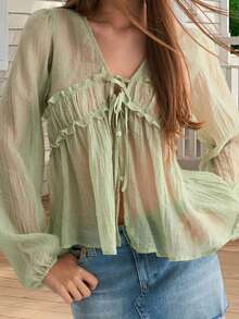 Women's Knitted Fabric V Neck Long Sleeve Flared Ruffle Knot Detail Casual Top - màu xanh lá - Xem 4