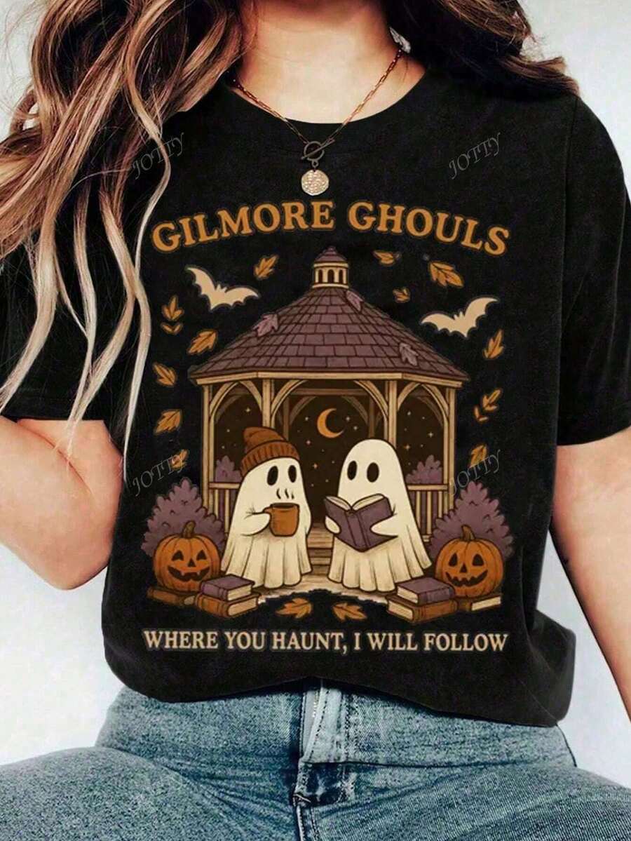 Gilmore Ghoul Shirt, Where You Haunt I Will Follow Shirt, Cute Ghost Halloween T-Shirt, Autumn Shirt, Ghost Couple Gift, Nightmare Before Christmas Casual Crew Neck Short Sleeve T-Shirt For Women - 黑色 - 查看 1