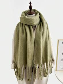 1 cachecol de cor sólida, gola quente para o inverno, xale de lã grossa com franjas grossas, pode ser usado