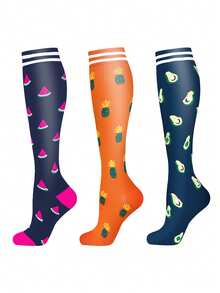 3 Pairs Of Compression Socks For Men And Women,Cartoon Food Pattern, Soft And Comfortable, Suitable For Running, Fitness, Cycling, Holiday Gifts