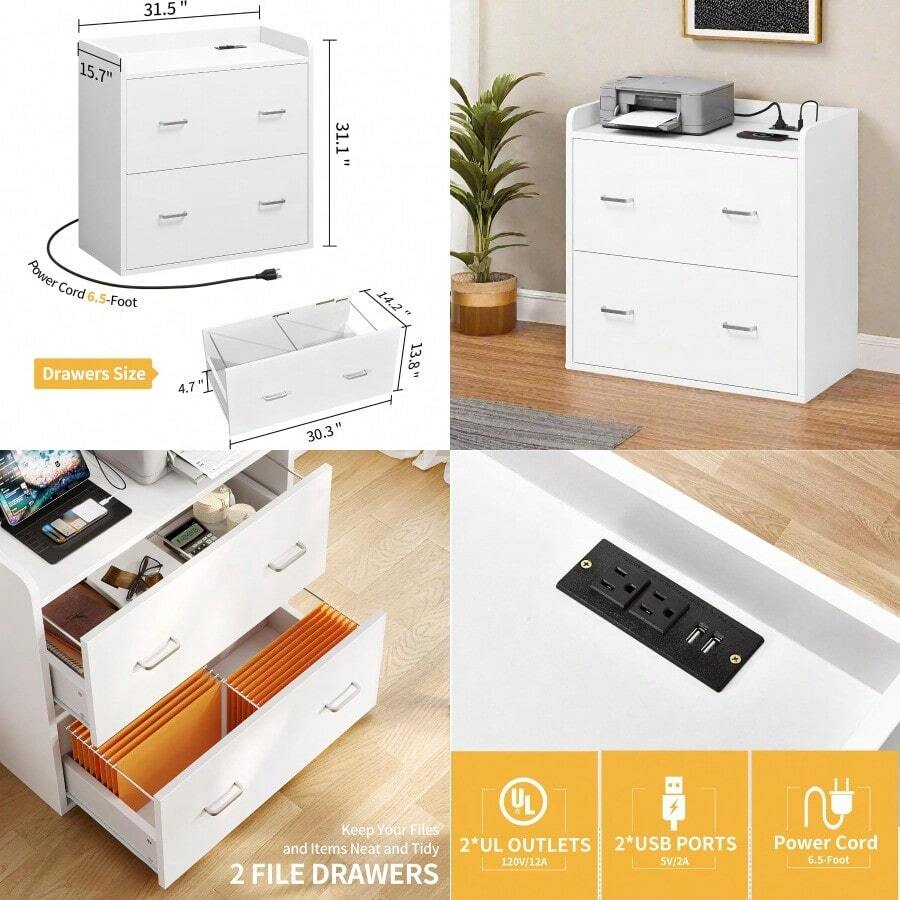 MX DWVO File Cabinet With Charging Station 2 Drawer Lateral Filing Cabinet With Storage Large Printer Stand For Home Office Living Room Fits A4 Legal Letter Documents White - White - View 1