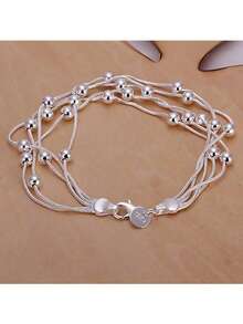 2 Pieces 925 Silver Plated Fringed Round Beads Chain Bracelets Necklace Jewelry Set For Women Fashion Party Wedding Accessories Gifts