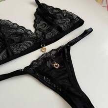 Sexy Backless Set With Pendant Detail And Thong - Black - View 3