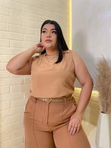 RAINBOW Plain Tank Top Sleeveless Blouse Plain Creppinho With 4 Buttons Plus Size G1G2G3 46-52 Casual Women - 62-BEGE - 查看 4
