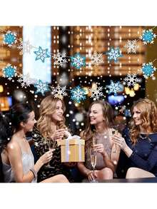 闪光冰雪奇缘雪花花环装饰横幅冬季白色和蓝色雪花横幅装饰适用于仙境冰雪派对装饰、生日和圣诞节装饰 - 彩色 - 查看 4