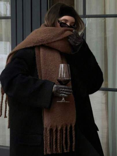 1 pieza Bufanda de unicolor, accesorio cálido para el cuello en invierno, chal de punto grueso con flecos, adecuado para combinar con vestidos