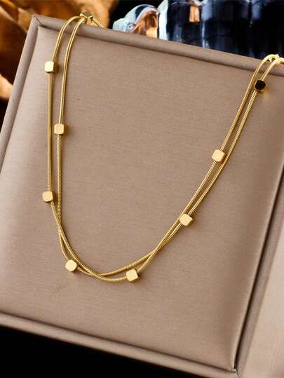 1pc Minimalist Vintage Unique Stainless Steel Square Double-Layer Pendant Necklace, Suitable For Daily Wear