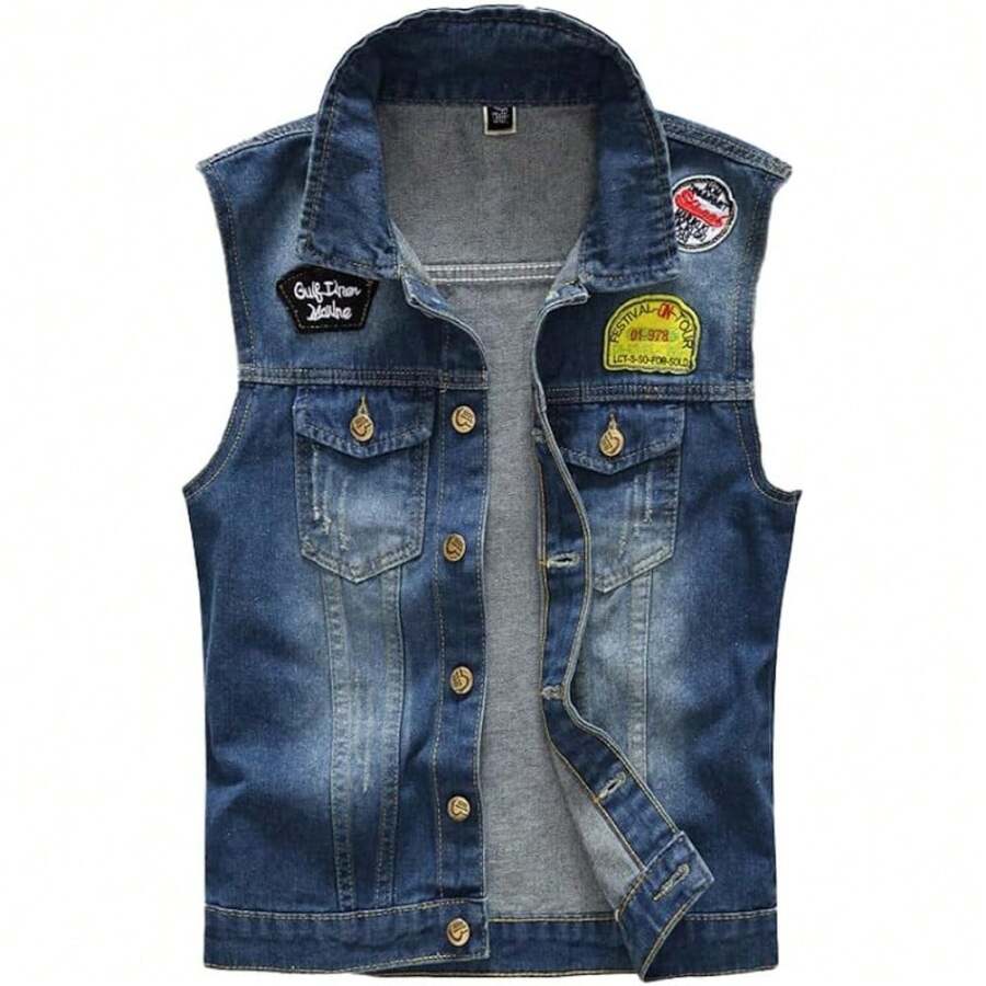 Icebanner Classic Men's Denim Vests Jacket Cowboy Punk Hip Hop Vest Wash Jean Waistcoat Embroidered Motorcycle Motorbike Riding Waistcoats - 黑色 - 查看 1