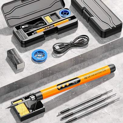 1 套可调温迷你烙铁套件，USB 充电便携式烙铁工具，适用于家电维修、珠宝制作、DIY 项目 - 包括烙铁、3/1 烙铁头、支架、松香、储物盒