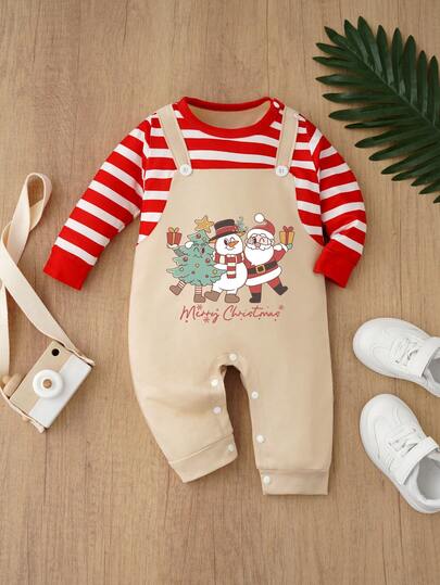 1pc Santa Claus Striped Bib Overalls, Infant/Toddler Jumpsuit, Christmas Snowman & Tree Outfit, Autumn