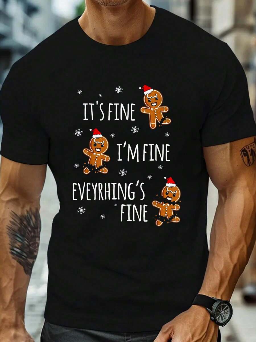 100% Cotton Merry Christmas Men's T-Shirt Funny Gingerbread Man Christmas CO Unisex Adult Small Black Crew Neck Long Sleeve Classic Fit Christmas T-ShirtMen T-Shirt - 黑色 - 查看 1