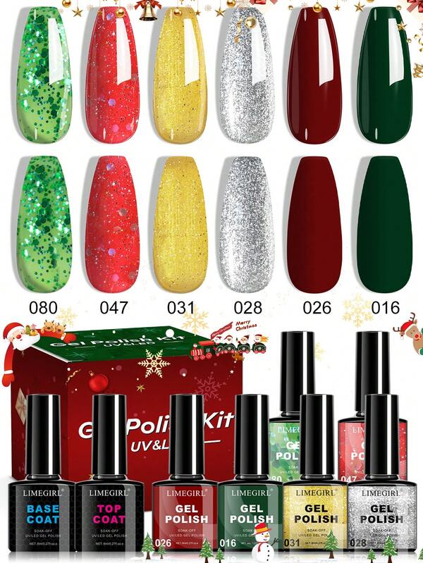  LIMEGIRL 8ml Christmas Gel Nail Polish Set: 6 Colors Christmas Gel Nail Polish (Green, Burgundy, Red, Gold, Silver), Removable UV/LED Lamp, Includes Base Coat And Top Coat, Suitable For Women Nail Salon DIY Manicure Design Nails