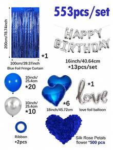 551pcs Blue & Silver Birthday Balloon Kit, 500pcs Non-Woven Fabric Petals, Happy Birthday Banner Letters + Heart Foil Balloons, Dark Aesthetic Party Backdrop, Suitable For Romantic Bedroom Decor, Midnight Surprise Birthday Party Decoration - Multicolor - View 10