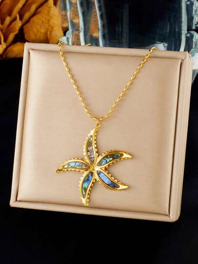 RAYQUEEN 1 pieza Collar con colgante de estrella de mar exagerado de estilo retro y colorido de moda, cadena de acero inoxidable chapada en oro, uso versátil diario para mujeres