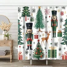 1 pieza Cortina de ducha de Cascanueces y Árbol de Navidad - Poliéster, blanco con diseño de pino y ciervo, incluye ganchos, perfecto para la decoración del baño - Multicolor - Ver 2
