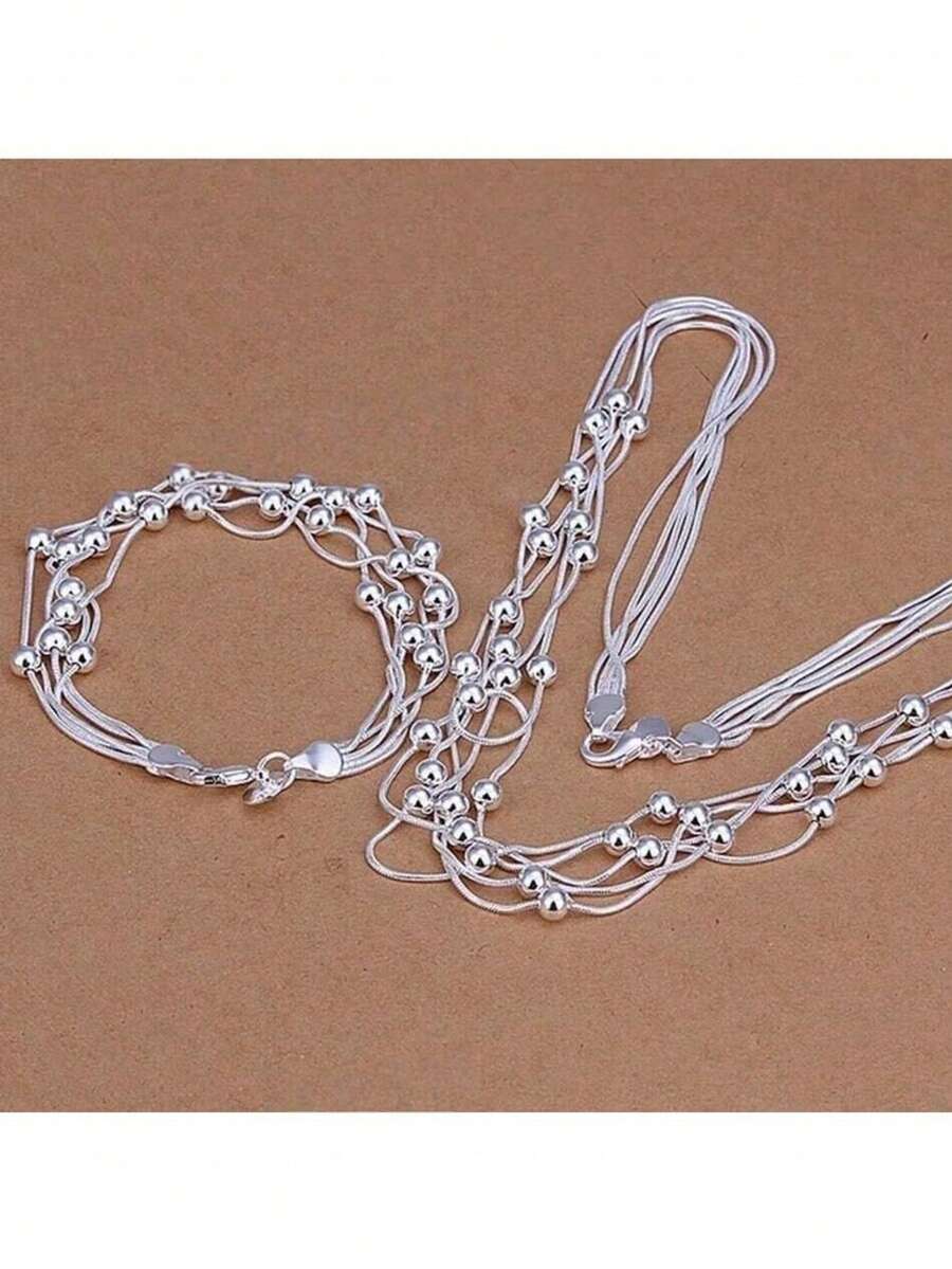 2 Pieces 925 Silver Plated Fringed Round Beads Chain Bracelets Necklace Jewelry Set For Women Fashion Party Wedding Accessories Gifts