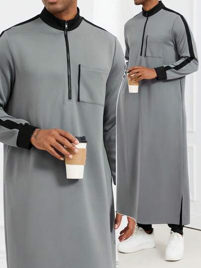 Disqoir Middle East Arabia,Modern Islamic Clothing For Men,Kamisweat Thobe,Muslim Men's Grey Thobe Kamees,A Fashionable Stand-Up Collar Long Hoodie