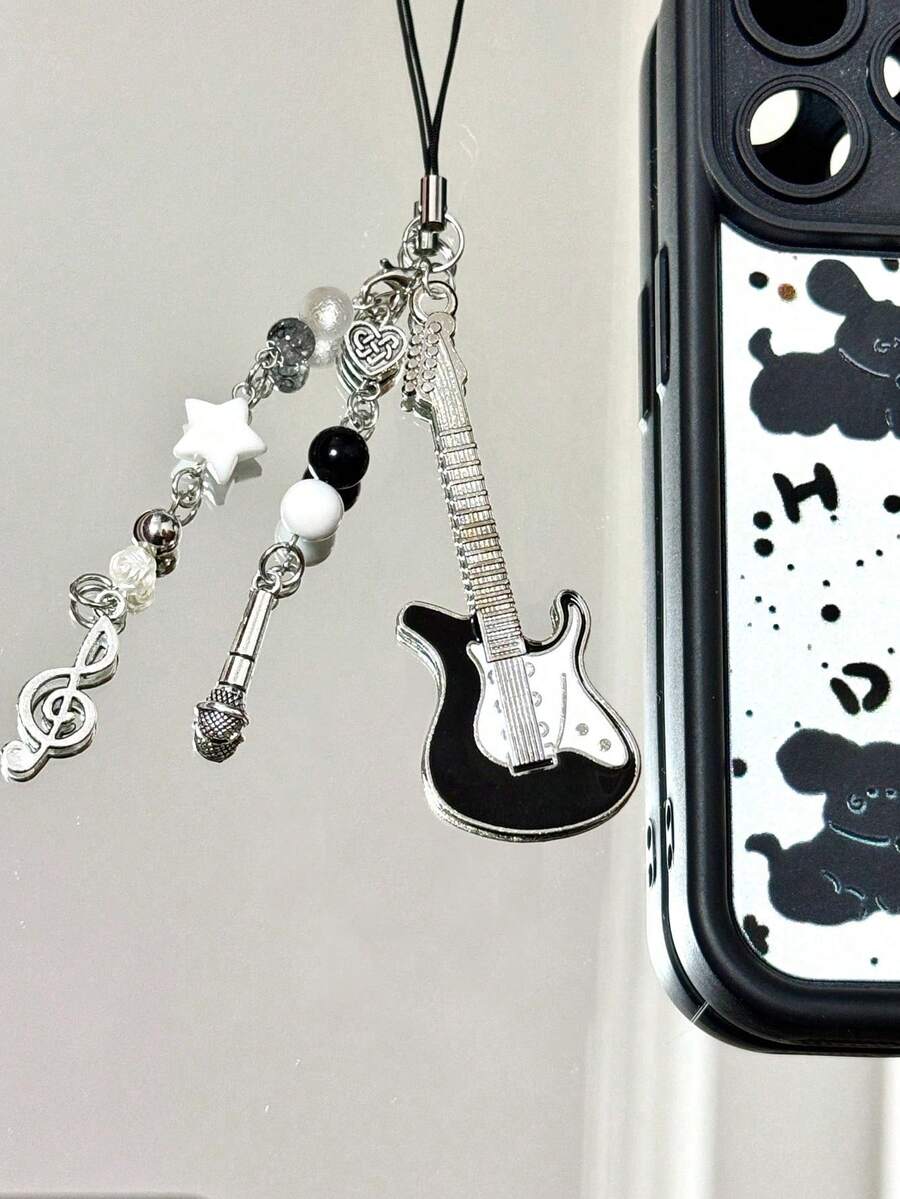 1 件吉他音符手工串珠简约少女心独立风格手机挂绳吊饰钥匙扣，适合女性日常使用 - 黑與白 - 查看 1