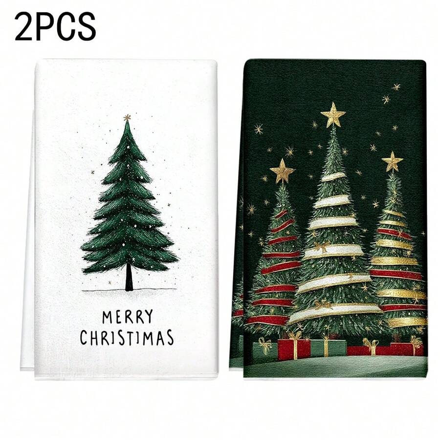 1 pieza/2 piezas/100 piezas Toallas de cocina con estampado de árbol de Navidad, toallas de platos, adecuadas para decoración de interiores de restaurante, cocina, baño, decoración de fiestas, regalos navideños, pueden ser entregados como regalos de Navidad