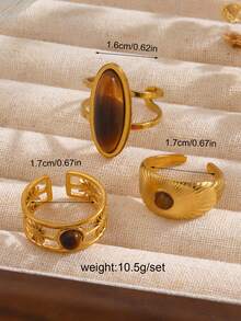1/3pcs Stainless Steel 18K Gold Plated Minimalist Geometric Tiger Eye Stone Rings, Suitable For Women's Daily And Party Wear