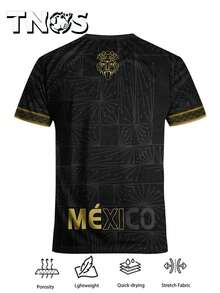 墨西哥男子足球服墨西哥青年圆领舒适运动上衣，带有玛雅文明图案，适合金杯赛、足球训练、日常健身和休闲，馈赠佳品 - 黑色 - 查看 3