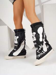 Giày bốt nữ cổ thấp đế dày mũi tròn màu xám cho mùa Thu/Đông, bốt vải bố thường ngày cho mùa Xuân & Thu, bốt dành cho nữ. - màu đen - Xem 3