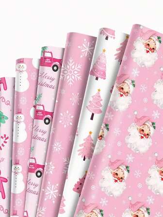 6枚入り クリスマス包装紙、ピンクのギフトボックス装飾用ラッピングペーパー、雪の結晶、サンタクロース、クリスマスツリーなどのデザイン、耐久性のある包装、DIYギフト装飾、クリスマスパーティーの装飾、誕生日ギフト包装、ブーケ包装、クリスマスギフト包装、クリスマスの装飾用品クリスマスの家の装飾、クリスマスギフト、クリスマスの装飾