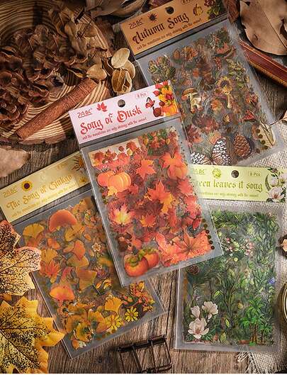 Un conjunto de 8 pegatinas con tema retro de bosque, pegatinas con tema otoñal de hojas, materiales de PET, elementos troquelados y fáciles de desprender, suministros para scrapbooking, pegatinas decorativas de planificación, materiales de embalaje, collages de papel, sobres, tarjetas de felicitación, cuadernos, fundas de teléfono, vasos de agua, regalos de festival, revistas chatarra, cajas de papelería y collages personalizados DIY para volver a la escuela