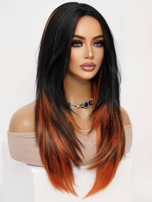 Fashion Black Highlight Orange Long Straight Wig 26 Inch Middle Parted Style Halloween Christmas Wig Realistic Natural Easy Care Heat Resistant Synthetic Fiber Wig Women Daily Wear Party Wig Cosplay Costume Wig Music Festival Performance Versatile Style Suitable For All Races - 挑染棕色 - 查看 5