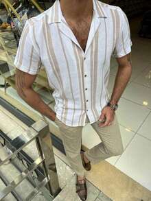 男士休闲简约撞色条纹印花舒适百搭衬衫 - 彩色 - 查看 4