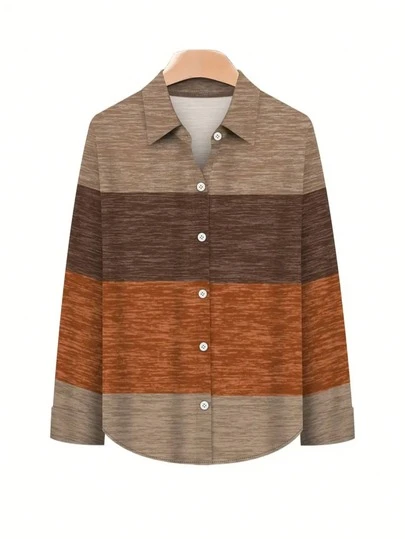 2pcs Women Casual Color Block Shirt Collar Long Sleeve Top And Solid Wide Leg Pants Set, Made Of Non-Stretch Fabric, Suitable For Daily Wear Spring