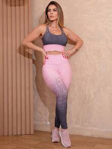 Women's Fitness Set Gradient Gym Fitness Top With Removable Cup And High Waist Leggings - 粉紅色的 - 查看 5