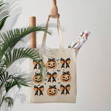 1pc Halloween Pumpkin Coquette Bow Pattern Tote Bag - Beige Reusable Shoulder Bag Women, Folding Design With Black & White Pumpkin & Bow Motifs, Durable Polyester, Travel, Daily Commute, Beach Outings & Gifts, Halloween Accessories, Travel Carryall, Playful Design, Sturdy Handle Construction