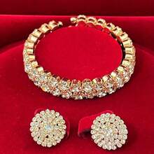 3 Pieces/Set Of Full-Diamond Rhinestone Multi-Row Necklaces, Bride Crystal Necklaces, Earrings, Bracelets, 3-Piece Set Of Diamond-Encrusted Necklaces, Suitable For Engagement And Wedding Bride Accessories, Very Magnificent And Grand - 金色 - 查看 4