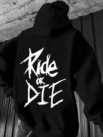 Sudadera con capucha gráfica RIDE OR DIE para hombres - Verde oliva% poliéster 250gsm de peso pesado, ajuste regular, suéter casual con impresión blanca en negrita, lavable aáquina, ropa de calle de otoño e invierno