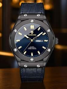 男士商务韩版时尚双日历皮带帅气百搭休闲石英手表