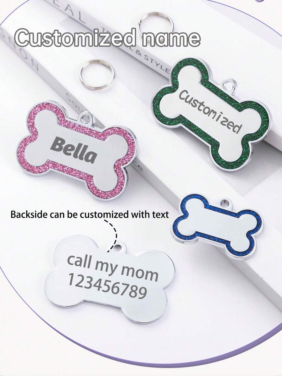 1pc Customized Text Pet Tag, Zinc Alloy Dog Anti-Lost ID Tag With Glitter Pink Circle, Customized Bone Shaped Dog Tag - Engraved For Pet Identification, Essential For Holidays/Parties