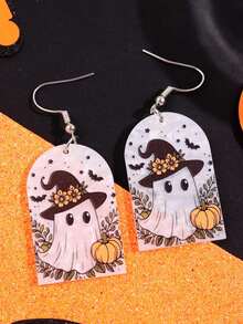 1 par de pendientes de acrílico únicos y divertidos con diseño de fantasma con sombrero de flores, regalo de joyería para fiestas y vacaciones de mujer