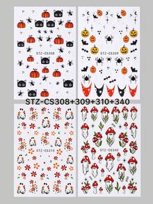 Halloween Nail Stickers Cute Ghost Pumpkin Self Adhesive Nail Decals Spooky Mushroom Ghost Flower Nail Art Design Black Cats Spider Bats French Manicure Supplies For Women DIY Nail Charms Decorations