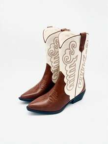 Botas vaqueras para mujer, botas medias de nuevo diseño, con bordados y patchwork, tacón medio y grueso ideal para la fiesta y uso diario - Camel - Ver 10