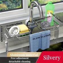 1 pieza Estantería de almacenamiento de cocina de aluminio, organizador colgante multiusos, se ajusta a la tubería de salida del grifo ≤ 8 mm, accesorio de baño, balcón y cocina con tubo dorado, estantes de utilidad