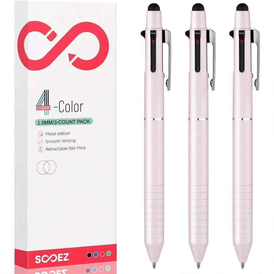 Multicolor Pen In One Sleek Metallic 4 Color Ballpoint Pens Medium Point 1.0mm Retractable Ball Pen With Stylus Tip Journaling Planner Pens For Nursing School Office Supplies 3 Pack Blue - Hồng - Xem 1