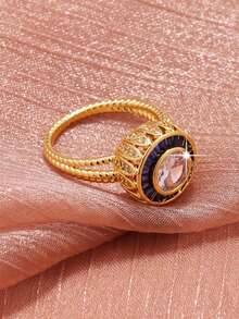 1枚时尚奢华圆形合成立方氧化锆男士戒指，适合日常佩戴、派对、节日、生日、情人节、圣诞节、新年礼物 - 金黃色 - 查看 5