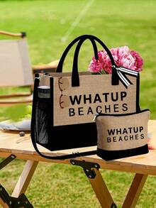 一套女士沙滩手提包，帆布沙滩包，适合婚礼、生日、节日等场合，是送给女性、妈妈、老师、朋友、伴娘、学生、返校季的绝佳礼物，大容量，旅行手提包，适合度假、周末出行，个性化生日礼物，附赠围巾 - 彩色 - 查看 5