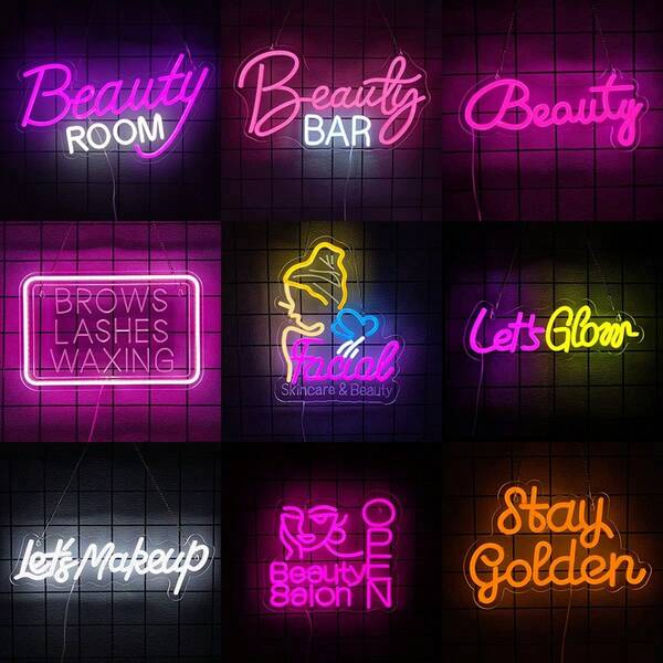 Letrero de neón de belleza, luz de neón LED de barra de belleza para decoración de pared de estudio de spa y salón de belleza, letreros de neón iluminados para dormitorio moderno, sala de maquillaje de niñas, salón de uñas, cejas y pestañas, peluquerías, estudio de belleza, sala de cuidado de la piel, decoración de bar en casa, alimentado por USB, fácil de instalar.