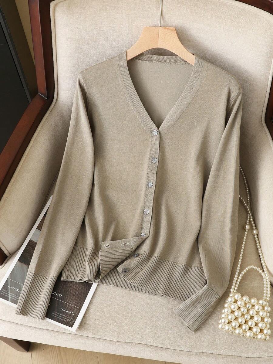 GIGOGOU Women's Solid Color Long Sleeve Single-Breasted Knit Cardigan, Suitable For Spring And Autumn